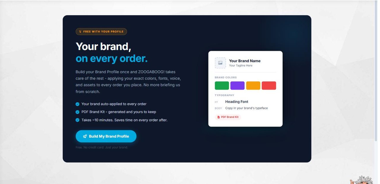 The ZOOGABOOG! Brand Profile page, showing brand colors, typography and a generated PDF Brand Kit