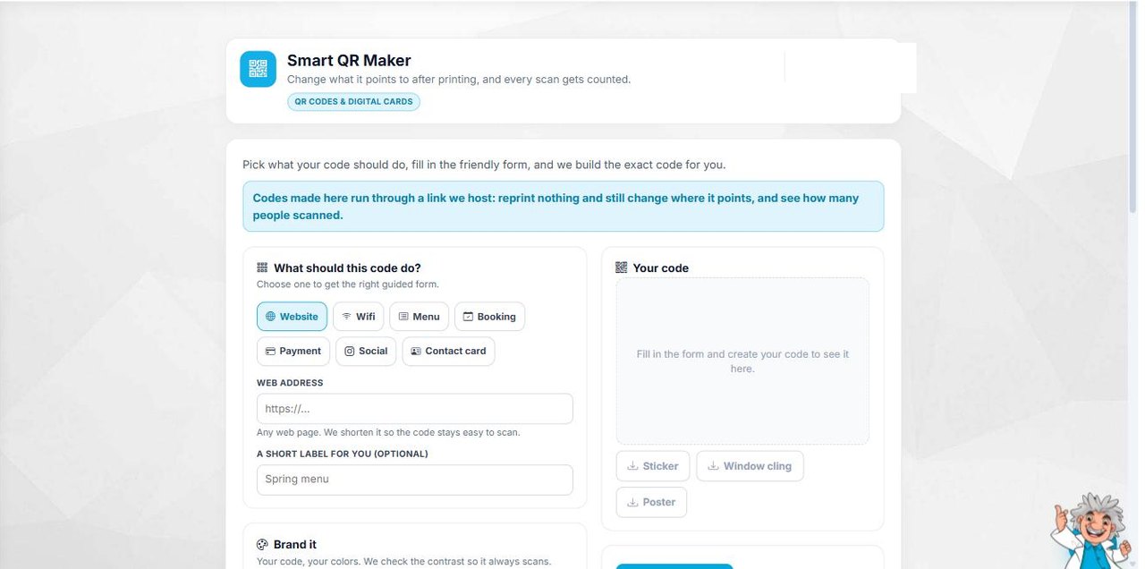 The Smart QR Maker in a ZOOGABOOG! account, showing the guided form for a website, wifi, menu, booking, payment, social or contact card code
