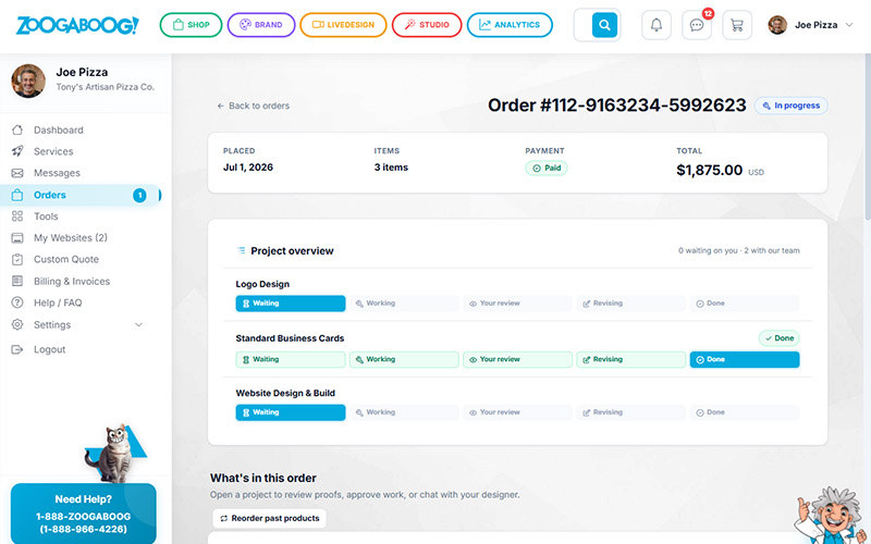 ZOOGABOOG! order page showing project approval status for a client order
