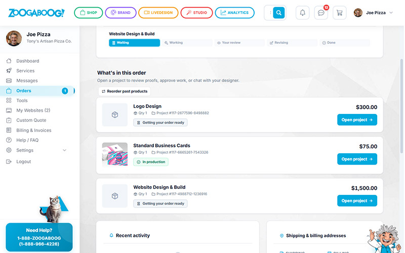 ZOOGABOOG! order detail page showing items in production and ready for review