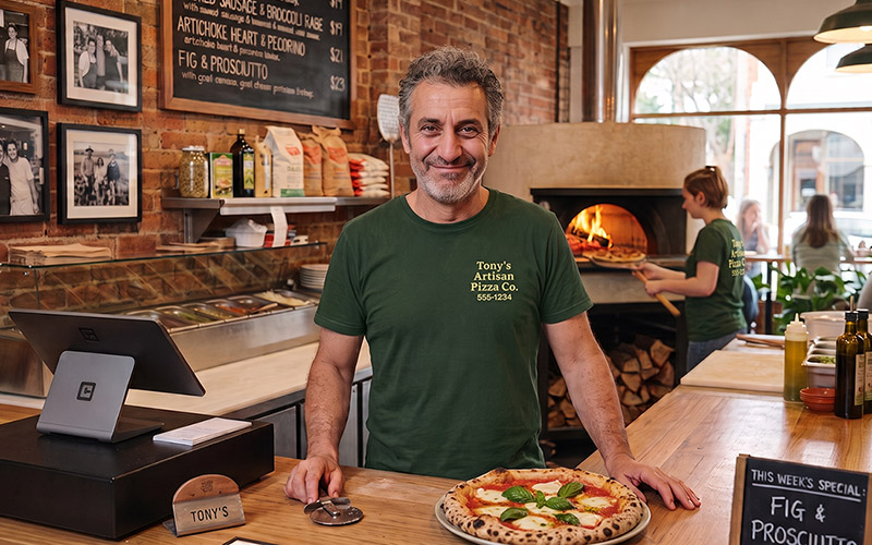 Tony's Artisan Pizza Co. before ZOOGABOOG!, wearing a plain t-shirt with a generic printed logo