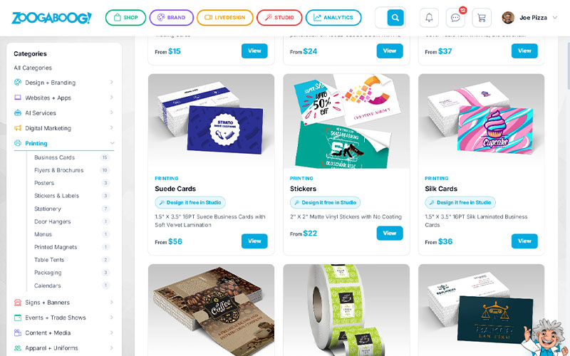 ZOOGABOOG! catalog showing printing products with pricing
