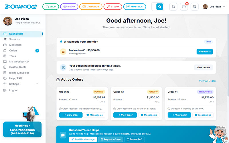 ZOOGABOOG! dashboard showing a client's Brand Profile set up