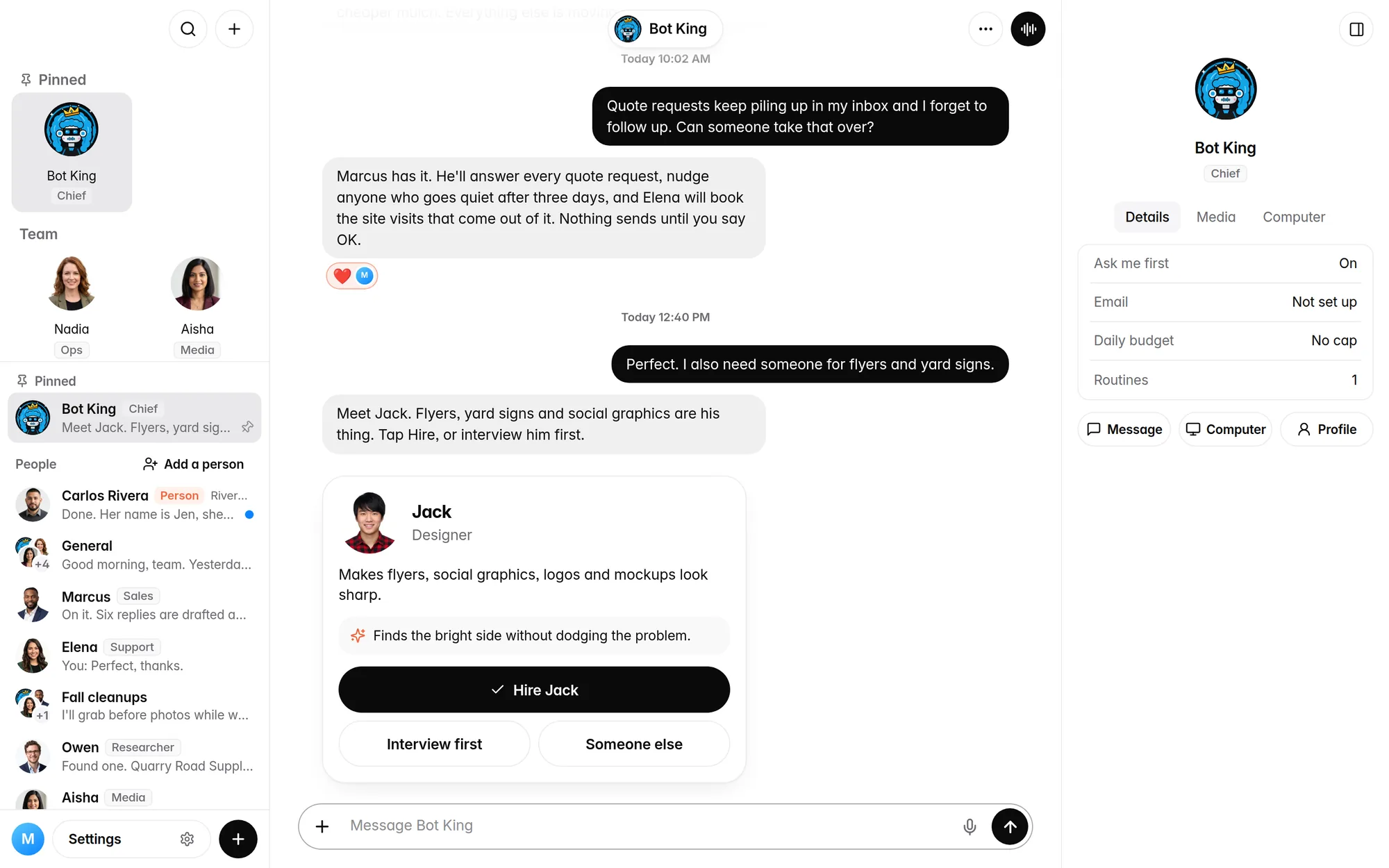 The Bullpen desktop app: a chat with Bot King, with the teammates listed beside it